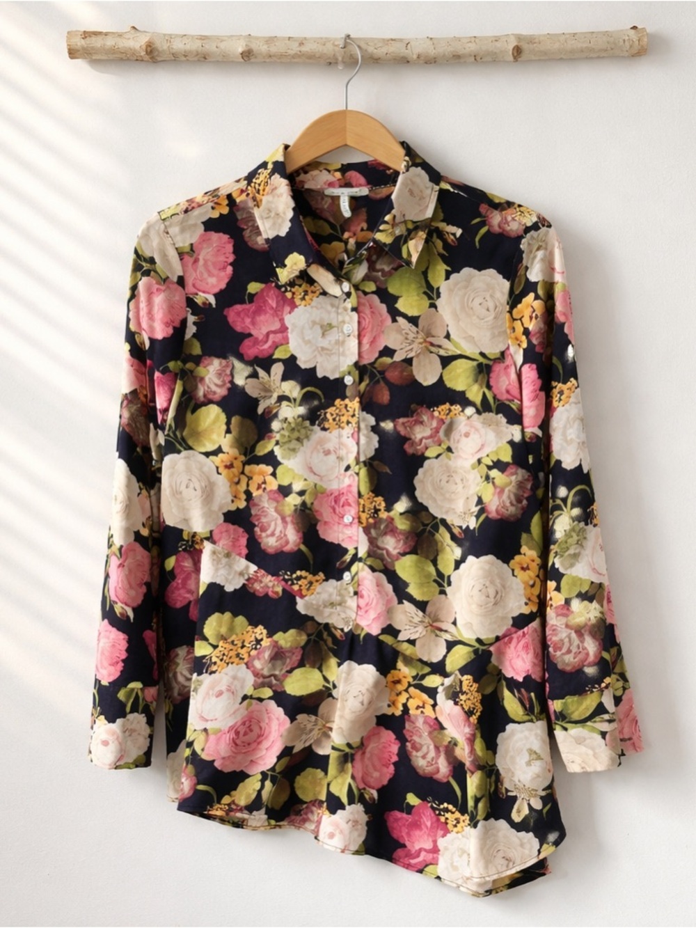 Cato Navy Floral Button-Up Blouse | Pink & Yellow Roses | Asymmetrical Hem | Sm